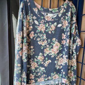 Linea Loved by Anthropologie Floral Knit Top Size Small Blue Long Sleeve